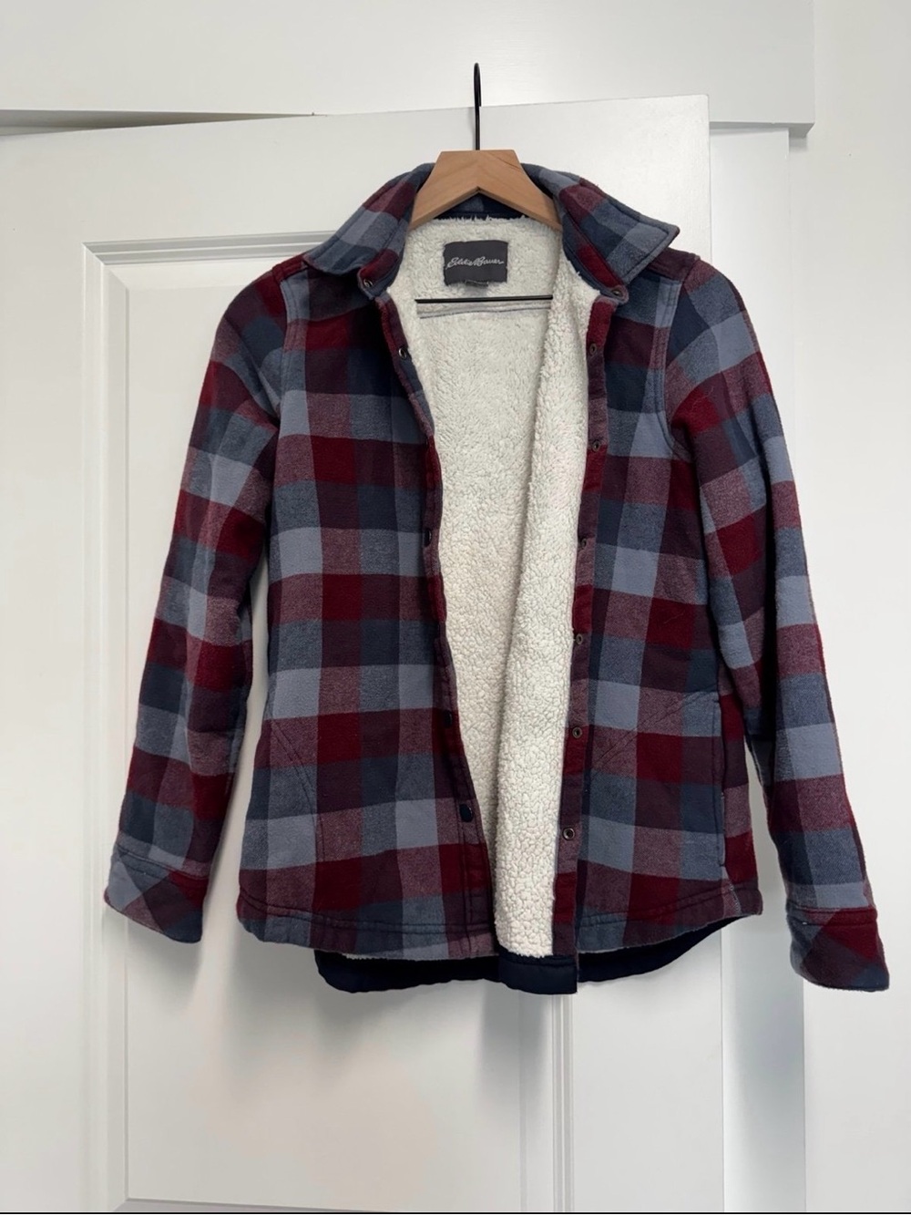 Eddie Bauer Plaid Sherpa-Lined Women's Jacket - Burgundy & Gray